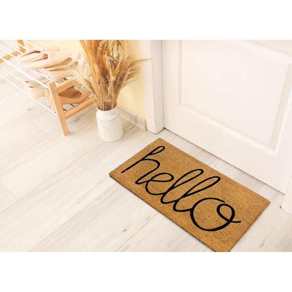 2PK Maine And Crawford Hello Script Writing Coir Doormat 15mm Thickness 70x40cm