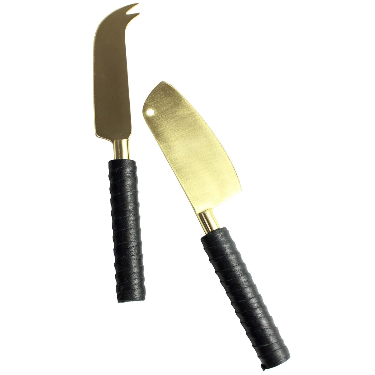 2pc LVD Entertaining Mix Brass Cheese Knives w/ Leather Handle Set - Black/Gold