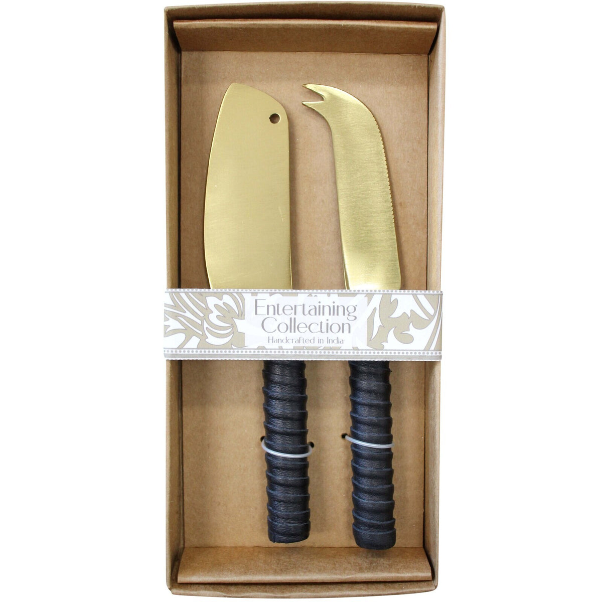 2pc LVD Entertaining Mix Brass Cheese Knives w/ Leather Handle Set - Black/Gold