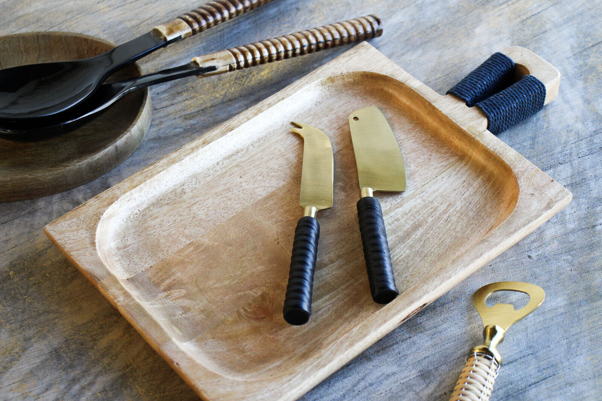 2pc LVD Entertaining Mix Brass Cheese Knives w/ Leather Handle Set - Black/Gold