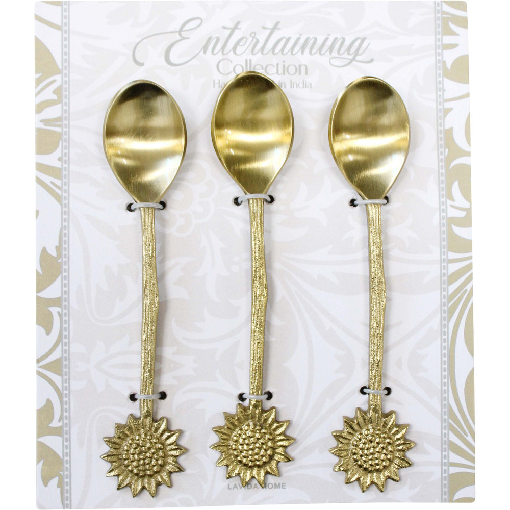 2x 3pc LVD Brass Teaspoon Sunflower Handle 14x3cm - Gold