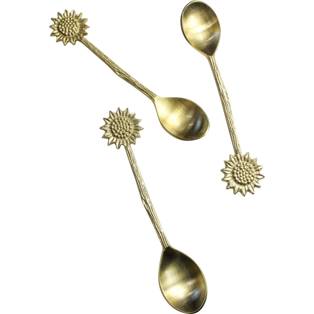 2x 3pc LVD Brass Teaspoon Sunflower Handle 14x3cm - Gold