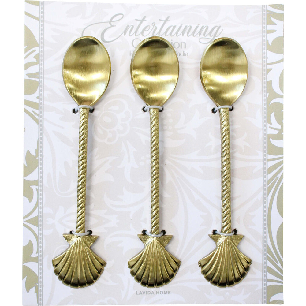 2x 3pc LVD Brass Teaspoon Shell Handle Cutlery 14x3cm - Gold