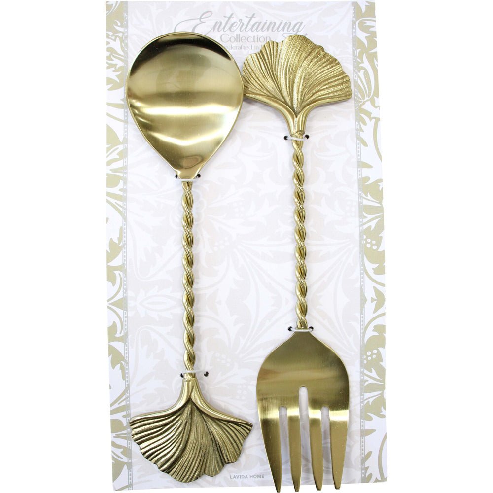 2pc LVD Brass Salad Server Leaf Handle Cutlery - Gold