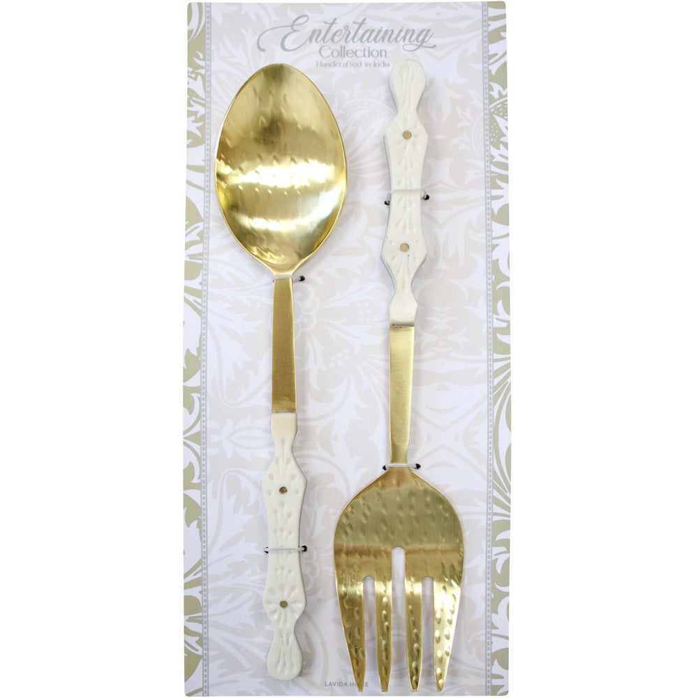 2pc LVD Brass/Resin Salad Server Sienna 18cm - White/Gold