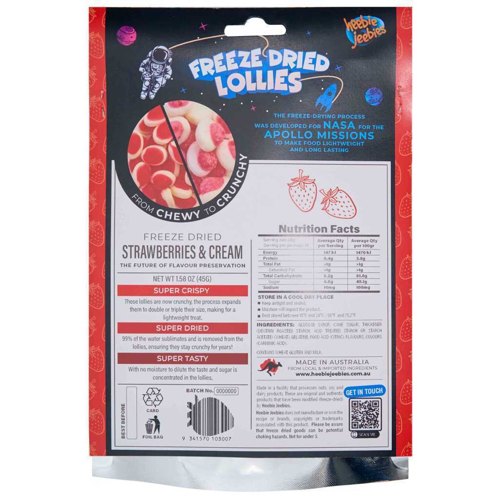 2PK Heebie Jeebies 45g Freeze Dried Lollies Candy Strawberries & Cream
