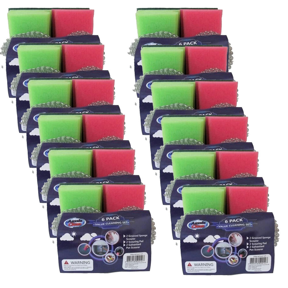 12x 6pc Aussie Clean Cleaning Set Sponge/Scouring Pad/Steel Scourers