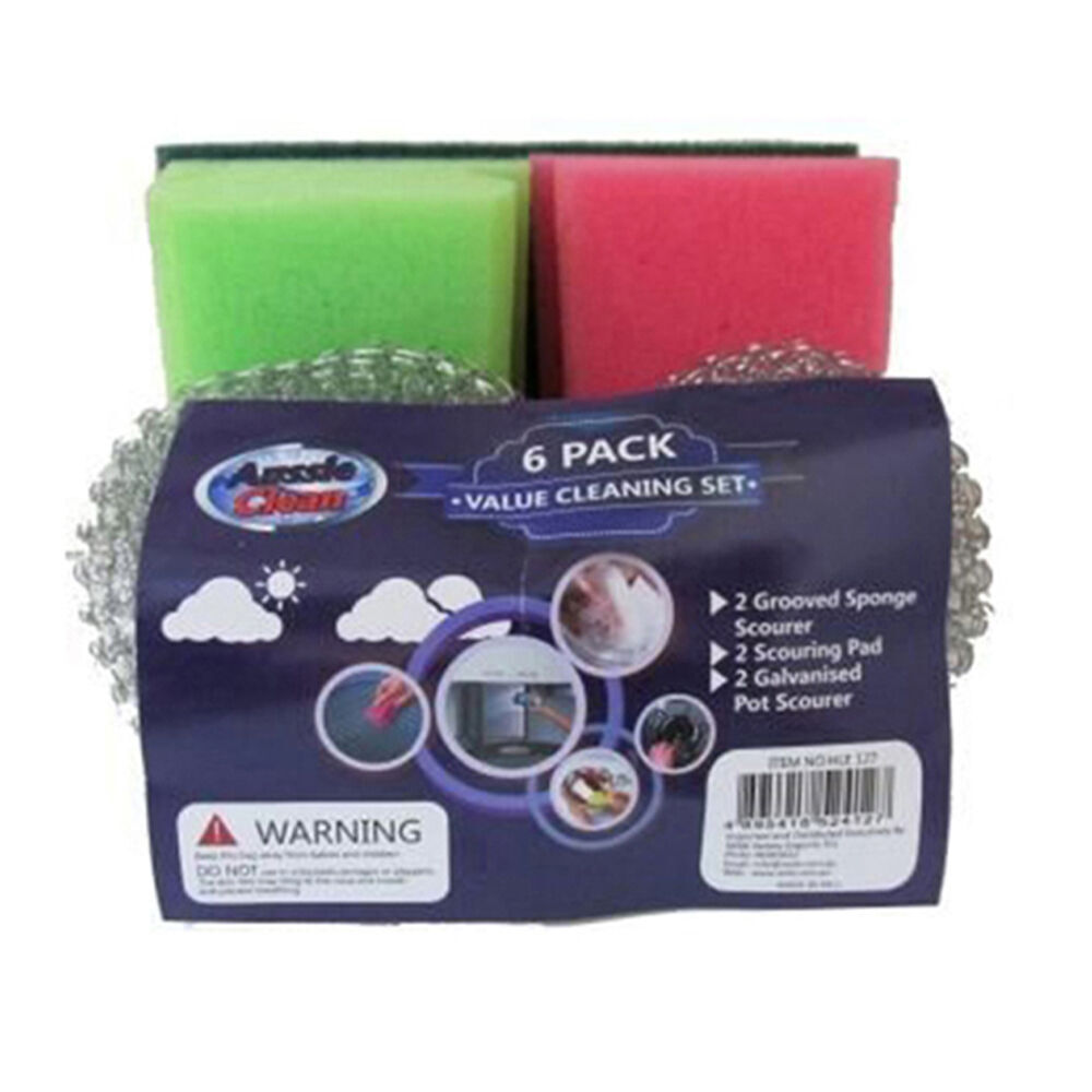 12x 6pc Aussie Clean Cleaning Set Sponge/Scouring Pad/Steel Scourers