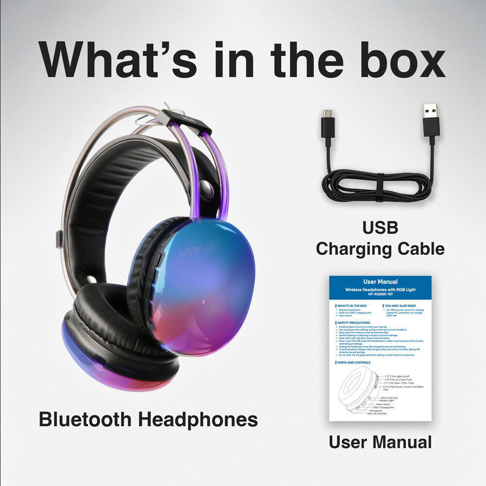 Laser RGB Bluetooth Headphones Noise Canceling Adjustable Headband Neon