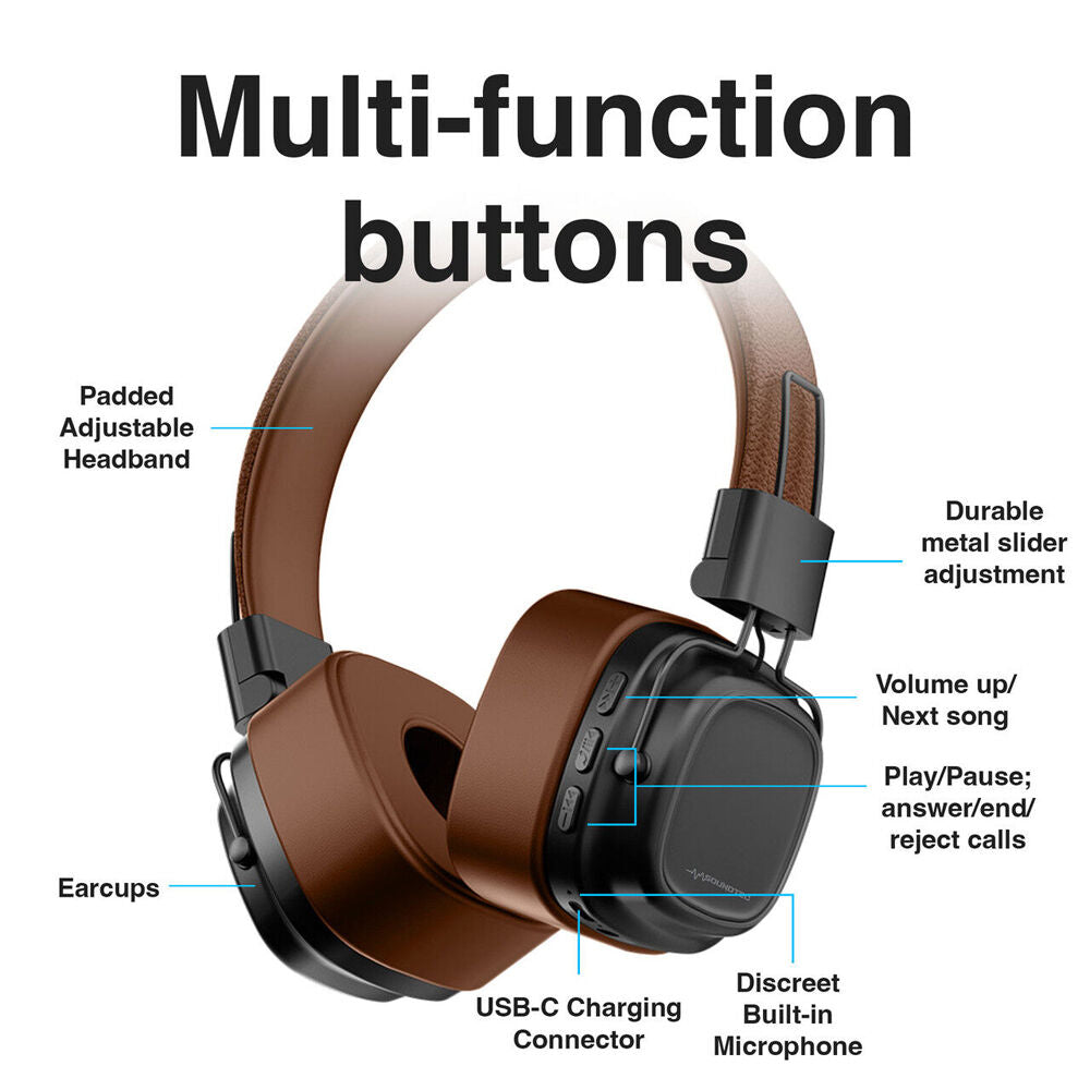 Soundtec Wireless On-Ear Bluetooth Headphones Foldable Multi-Input Support Brown