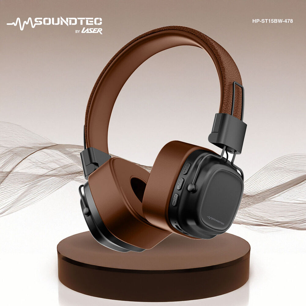 Soundtec Wireless On-Ear Bluetooth Headphones Foldable Multi-Input Support Brown