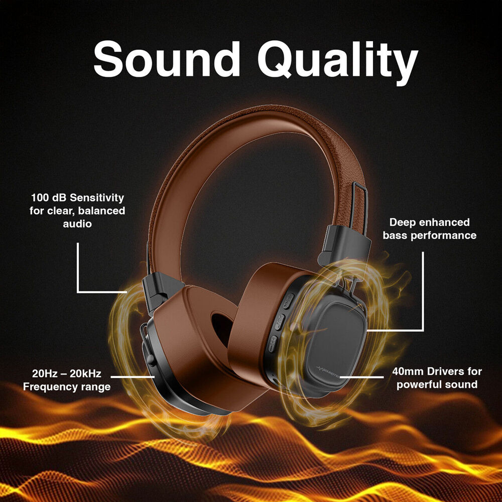 Soundtec Wireless On-Ear Bluetooth Headphones Foldable Multi-Input Support Brown
