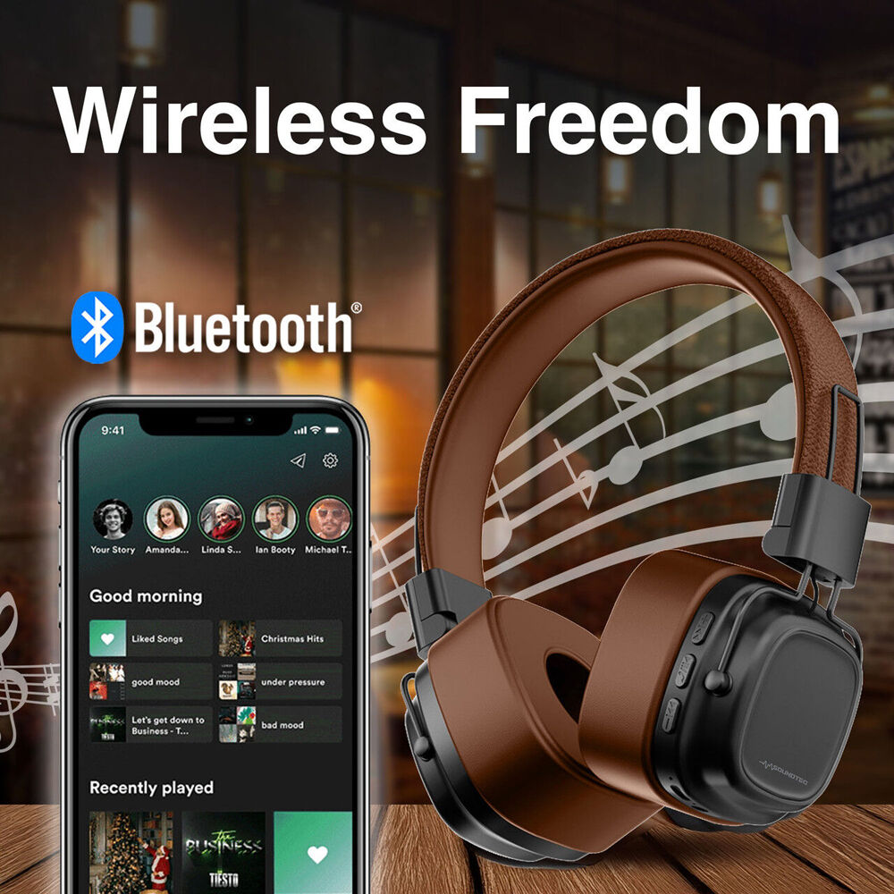 Soundtec Wireless On-Ear Bluetooth Headphones Foldable Multi-Input Support Brown