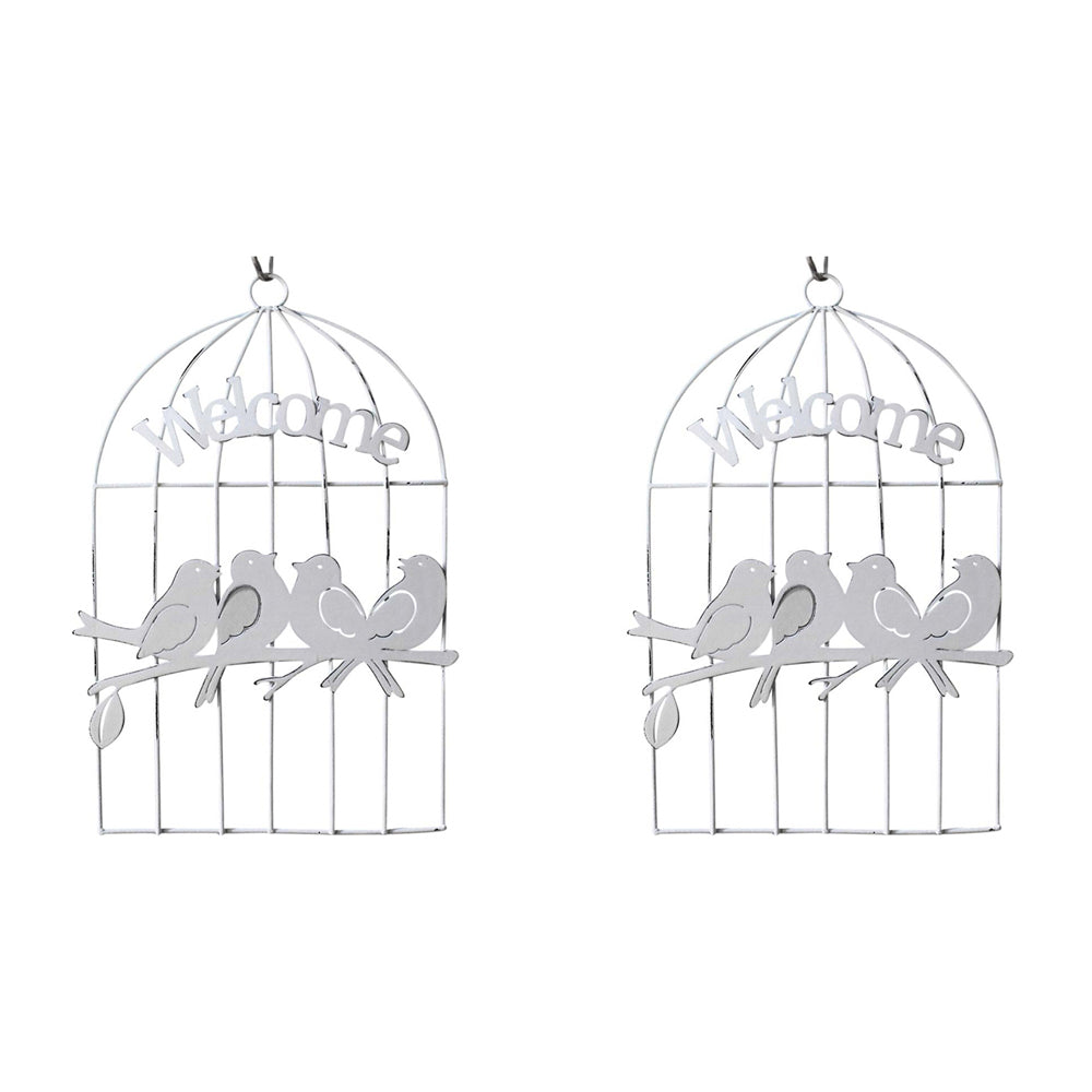 2PK LVD Hanging Birds In Cage Home/Garden Decor 14x21cm - White