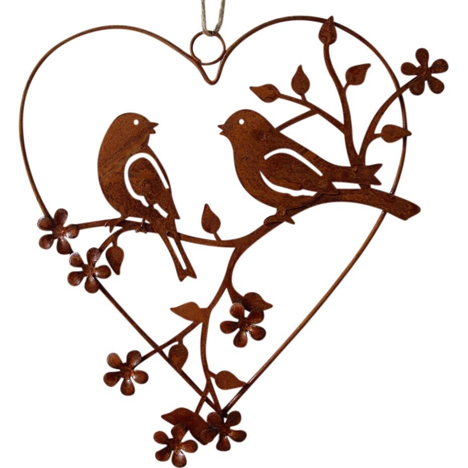 2PK LVD Metal Heart 2x Birds Home/Garden Decor 19x20cm - Brown