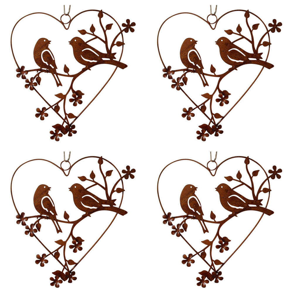 4PK LVD Metal Heart 2x Birds Home/Garden Decor 19x20cm - Brown