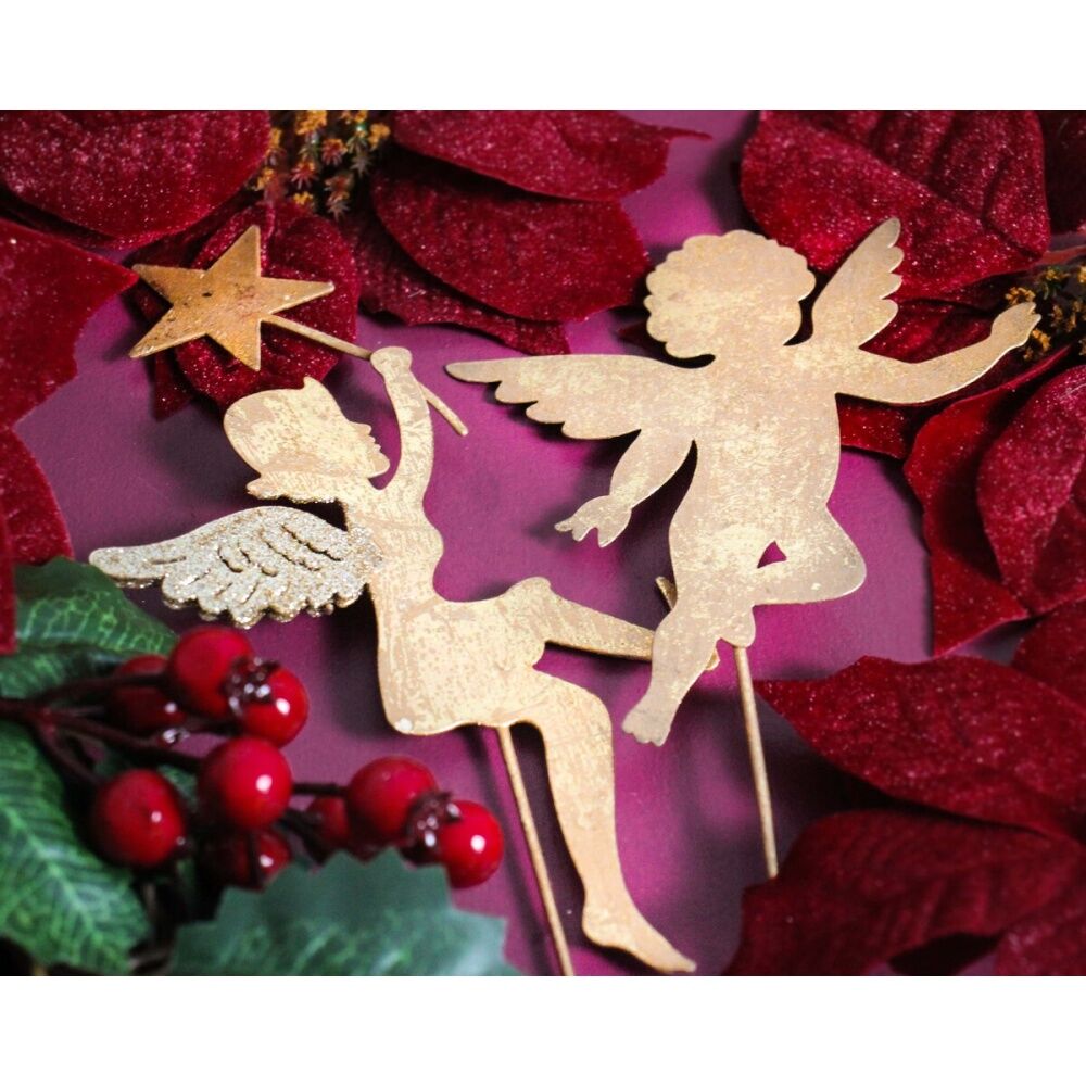 6PK LVD 48x13cm Metal Pot Stake Cherub Home Xmas Decor - Gold