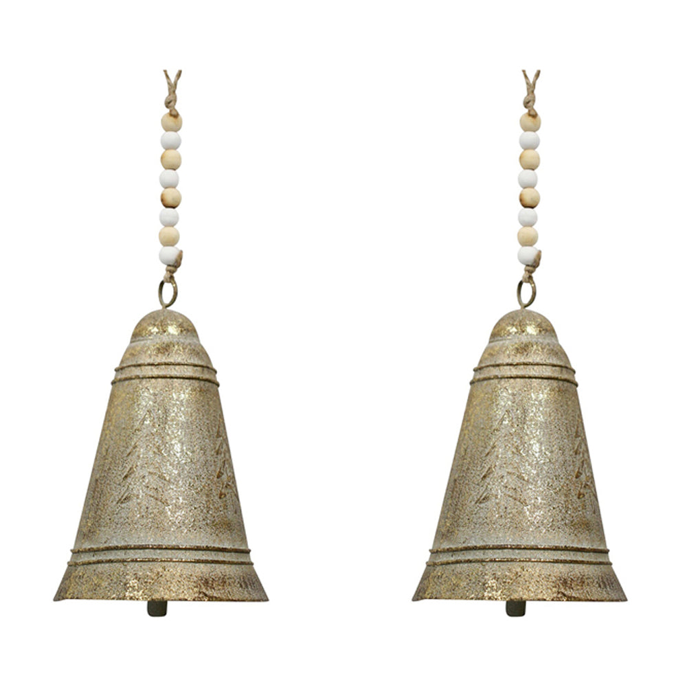 2PK LVD Metal Bell Small Leaf Hanging Ornament 11.5cm - Gold