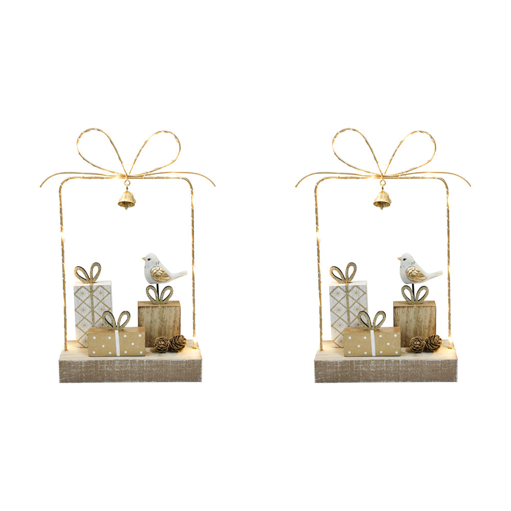 2PK LVD 27x19cm Metal/Wood Gift Box Bow Multi Lights Home Decor