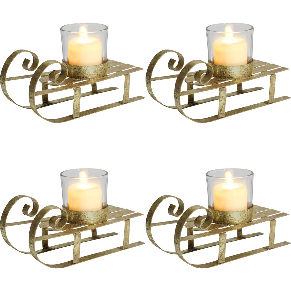 4PK LVD 16x7cm Metal/Glass Sleigh Candle Holder Home/Office Xmas Decor