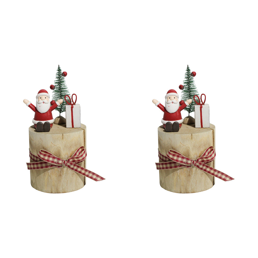 2PK LVD 17x9cm MDF Santa On Xmas Stump Figurine Home Decor