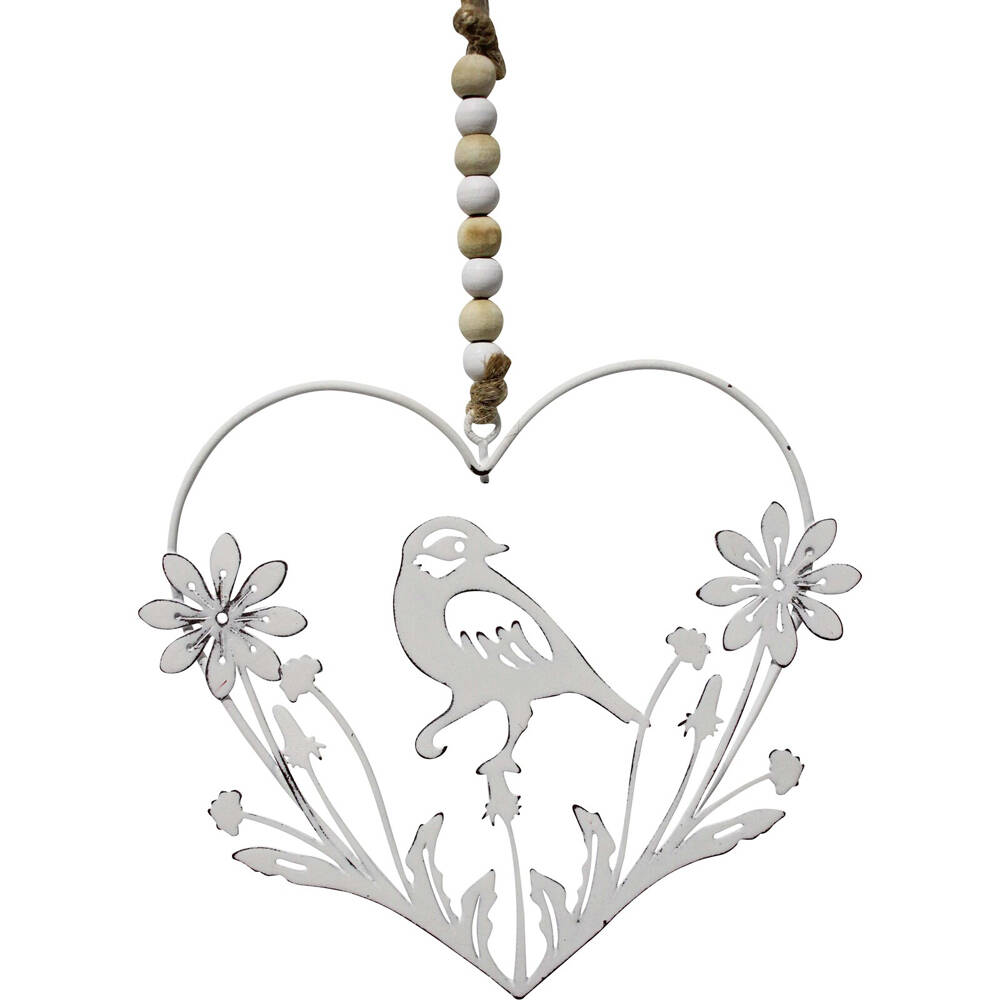 3PK LVD Metal Heart Hanger Birddaisy Home Hanging Decor 17x15cm - White