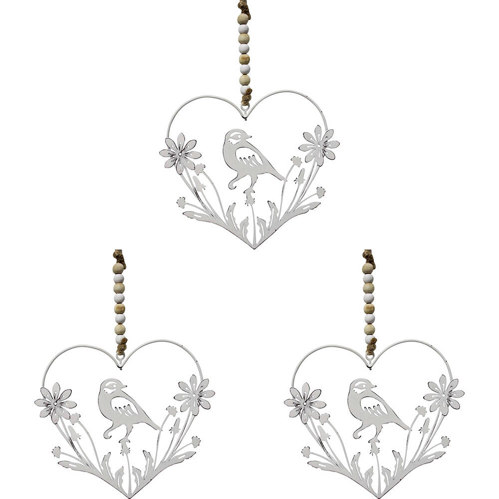 3PK LVD Metal Heart Hanger Birddaisy Home Hanging Decor 17x15cm - White