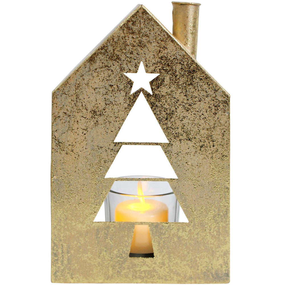 2PK LVD 11x18cm Metal Xmas Tree House Candle Holder Home Decor - Gold