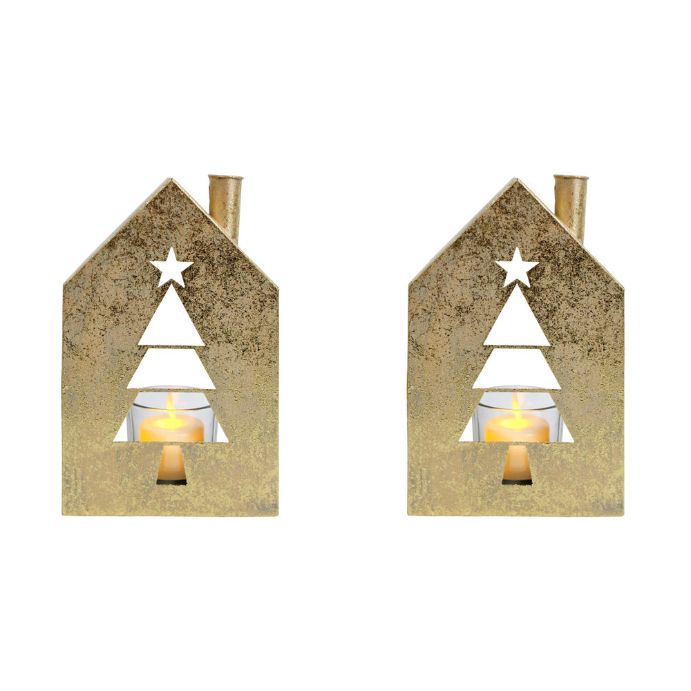 2PK LVD 11x18cm Metal Xmas Tree House Candle Holder Home Decor - Gold