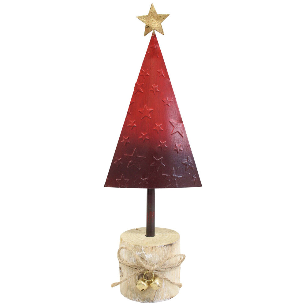 3PK LVD Metal/Wood Gold Star Red Tree w/ Stump Christmas Decoration 25cm