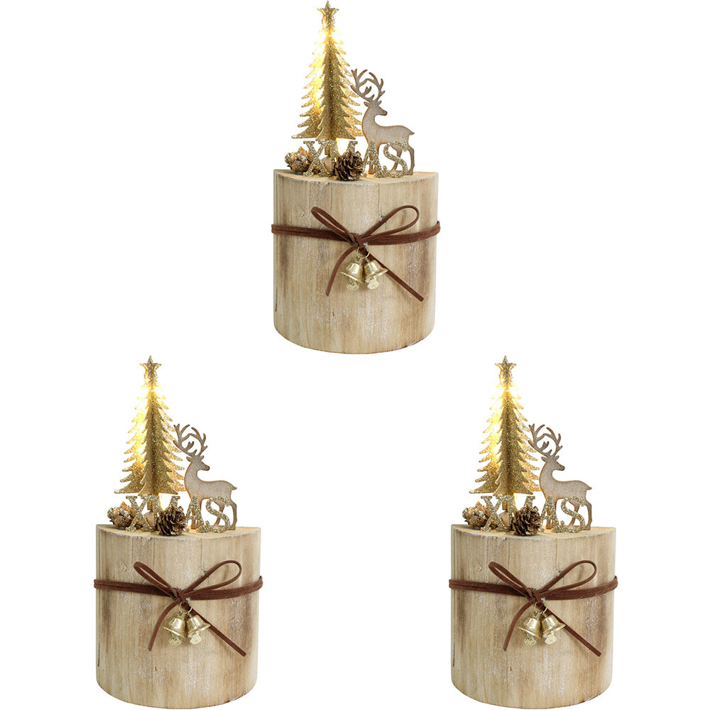 3PK LVD 11x21cm Metal/Wood LED Xmas Tree Deer Stump Home Display Decor