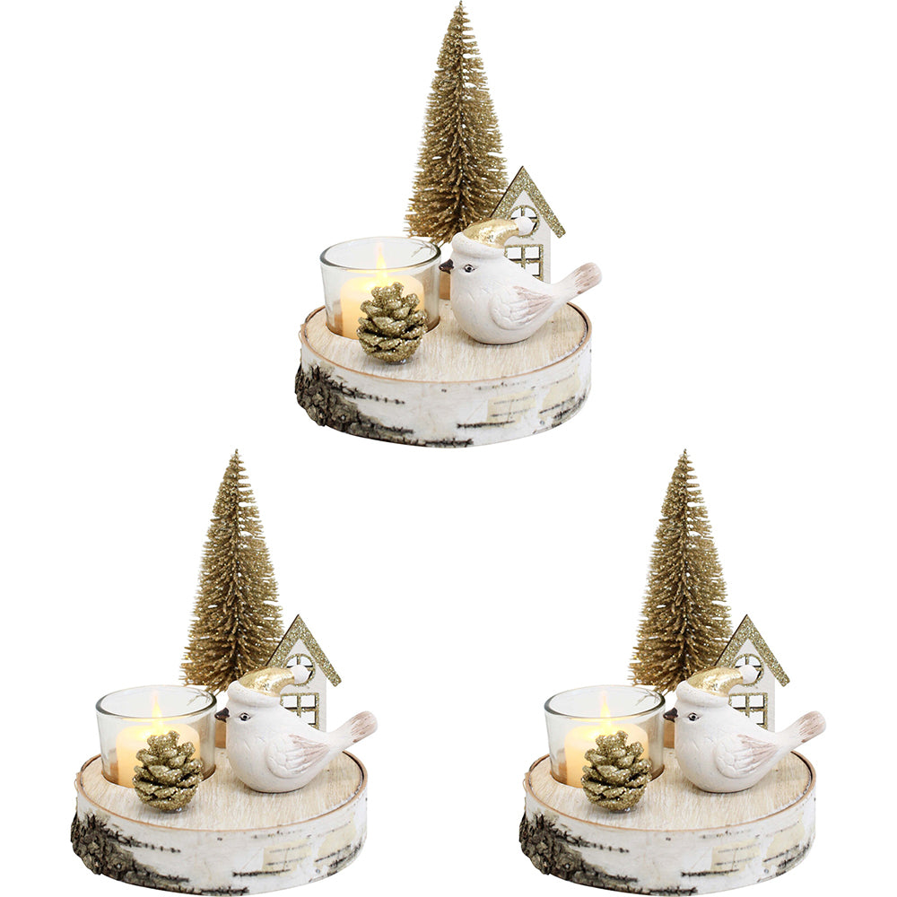 3PK LVD 13x16cm Wood/Glass Bird Tree Candle Holder Home Decor - Natural