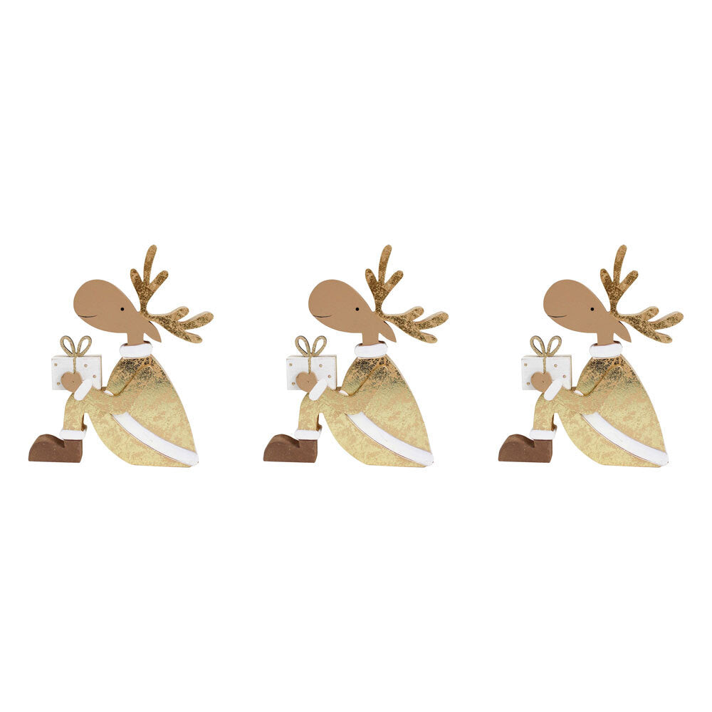 3PK LVD Wooden Gifting Reindeer Christmas Decoration Med - Gold/Brown