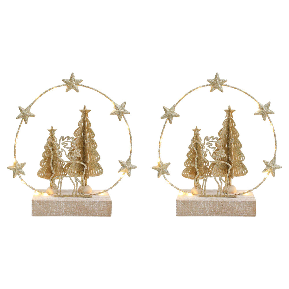 2PK LVD 20x22cm Metal/Wood LED Wire Ring Tree Deer Home Decor - Gold