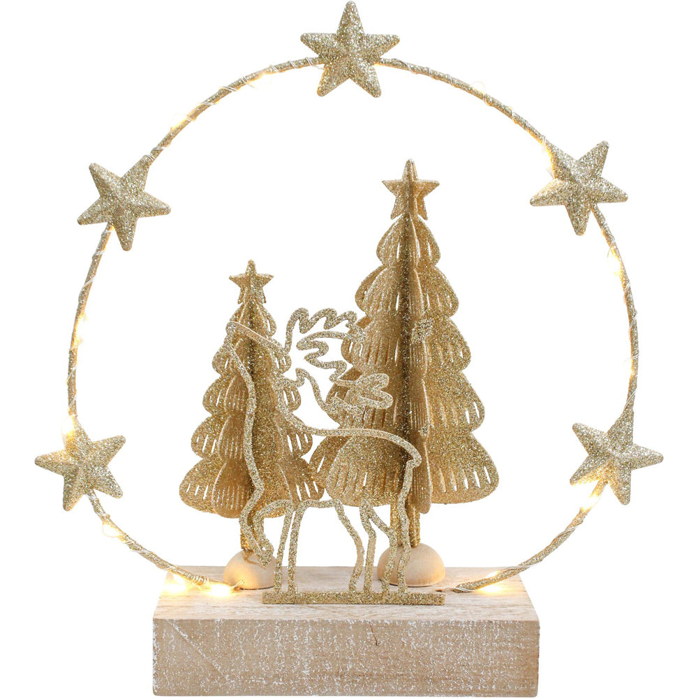 2PK LVD 20x22cm Metal/Wood LED Wire Ring Tree Deer Home Decor - Gold