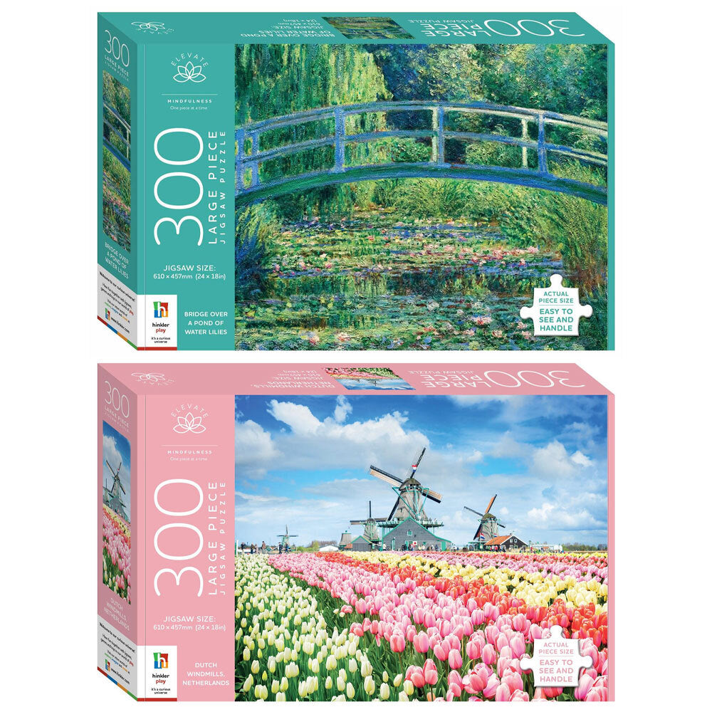 300pc Elevate Bridge Over a Pond of Lilies and 300pc Dutch Windmills Puzzle Set