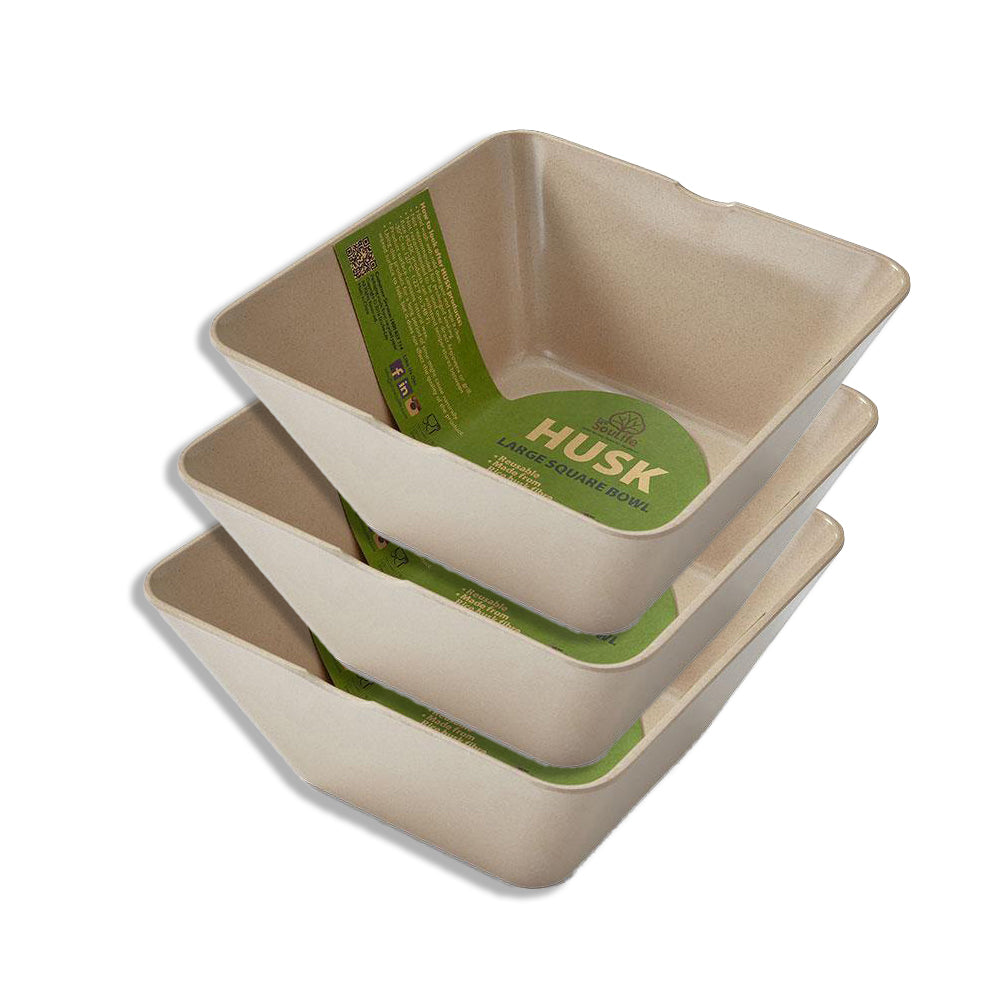 3PK EcoSouLife Reusable Rice Husk Large Square Bowl 2000ml - Beige
