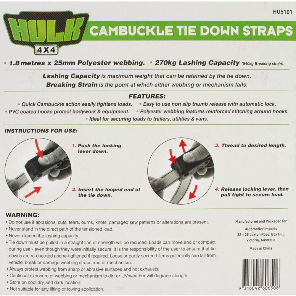 4pc Hulk Cambuckle Secure Locking Adjustable Tiedown Straps Blue