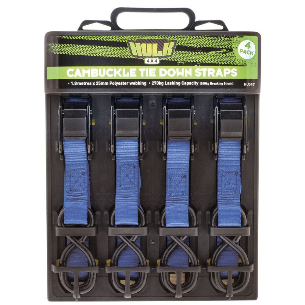 2x 4pc Hulk Cambuckle Secure Locking Adjustable Tiedown Straps Blue