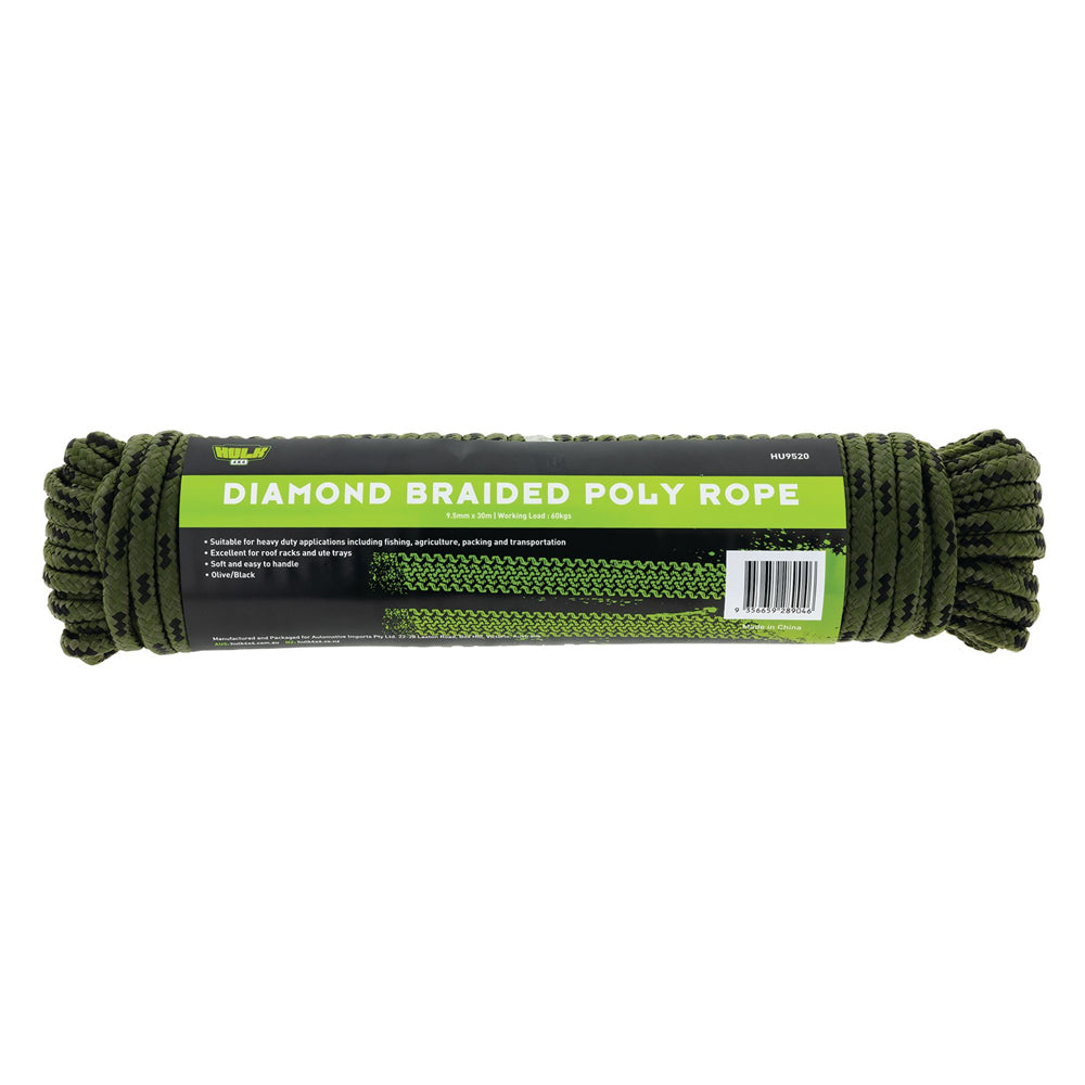 Hulk 4x4 Durable 30m Diamond Braid Poly Rope - Black/Olive
