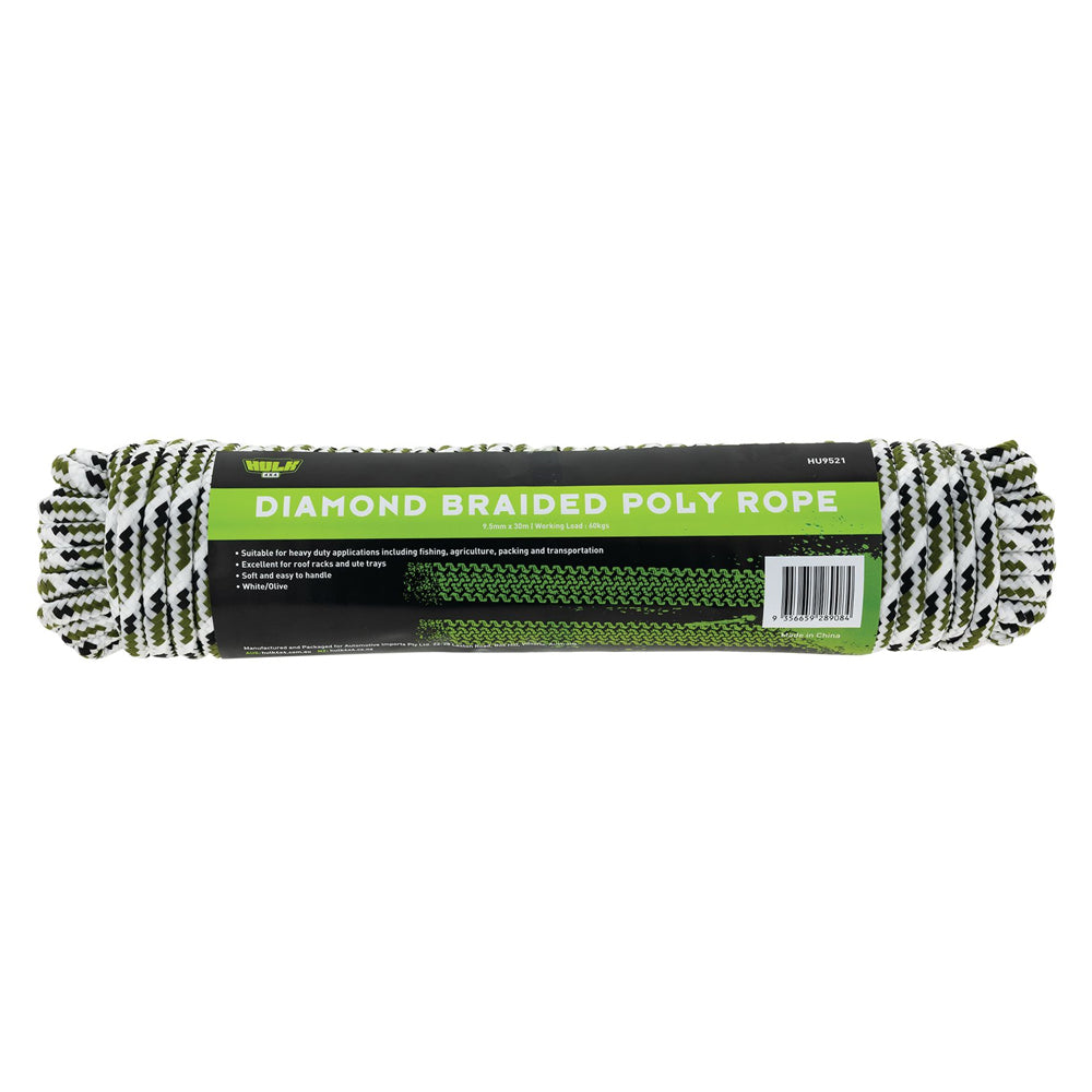 Hulk 4x4 Durable 30m Diamond Braid Poly Rope - White/Olive