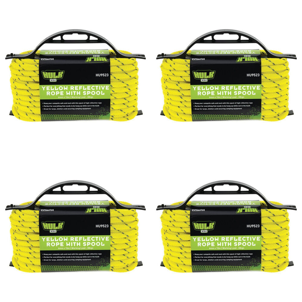 4PK Hulk Highly Reflective Camping Rope With Spool 6mm x 15m Yellow