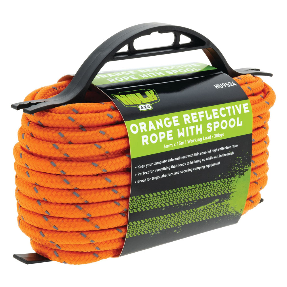 Hulk 4x4 Durable 15m Spooled Hi-Vis Reflective Rope - Orange