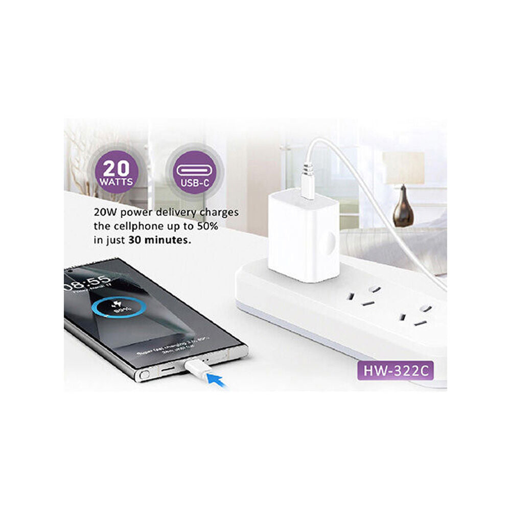 Sansai Low Profile USB-C Wall Charger for Phone & Tablet PD20W White