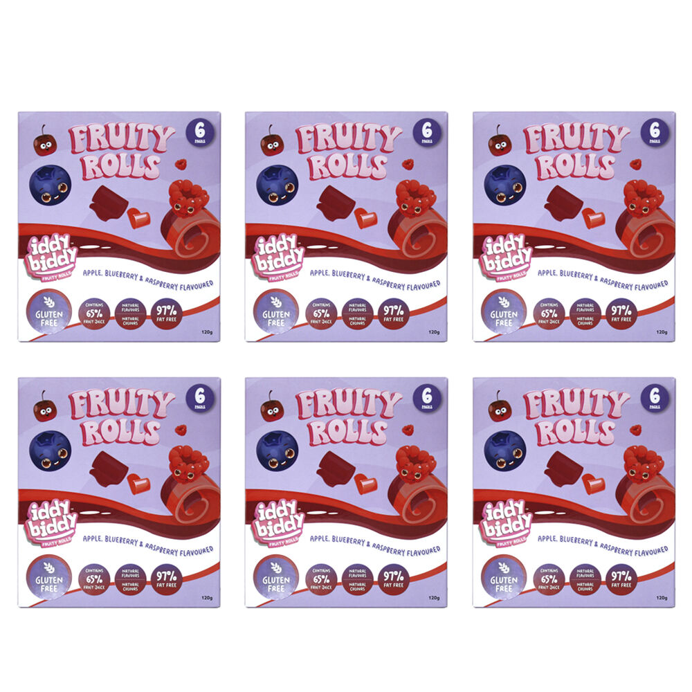 6x 6pc Hot Shots Iddy Biddy Apple Blueberry & Raspberry Flavoured Fruity Rolls 120g