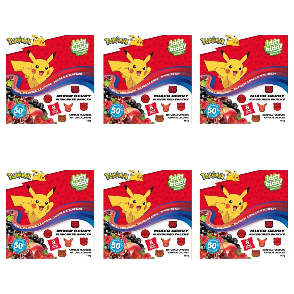 6x 8pc Hot Shots Pokemon Iddy Biddy Mixed Berry Fruit Flavoured Snack Packs 184g