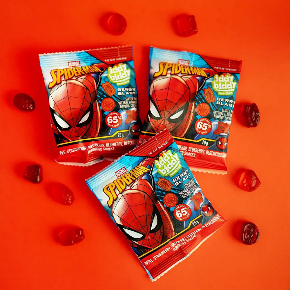 6x 8pc Hot Shots Spiderman Iddy Biddy Berry Blast Fruit Flavoured Snack Packs 160g