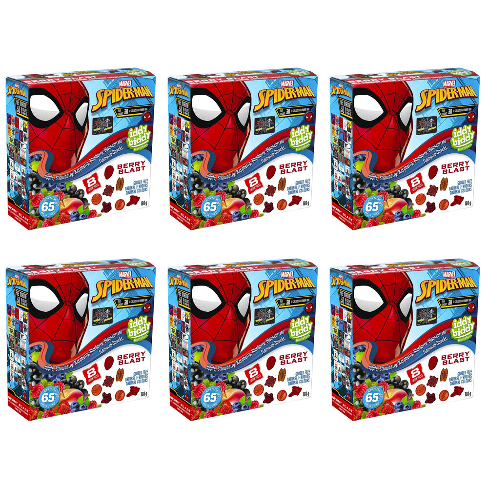 6x 8pc Hot Shots Spiderman Iddy Biddy Berry Blast Fruit Flavoured Snack Packs 160g