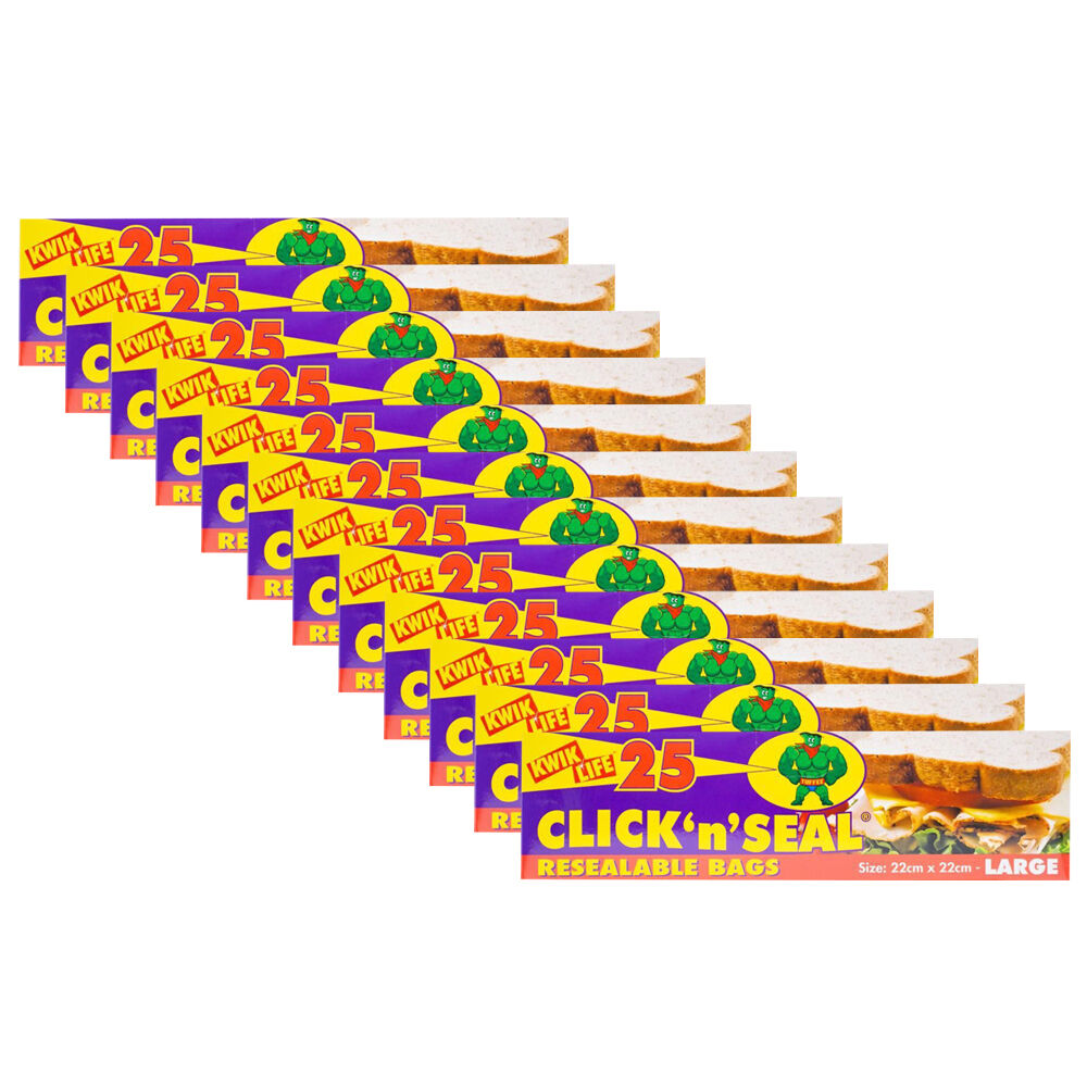 12x 25pc Kwik Life Click N Seal Resealable Bags Large Reusable Zip Lock 22x22cm