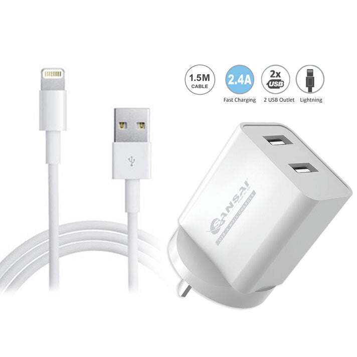 Sansai 2x USB Port Adapter Wall Charger 5V 2.4A AC w/ 8 Pin Cable
